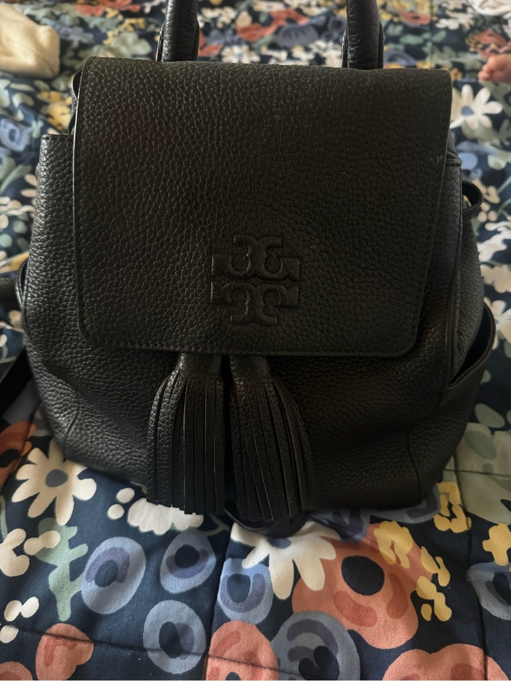 Tory Burch Black Pebbled Leather Tassel Mini Backpack